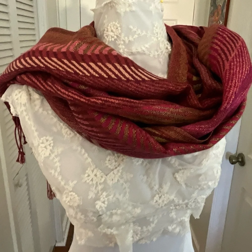 Burgundy Gold Metallic Striped Pashmina Fringe Scarf
